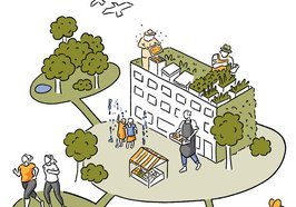 Illustration zum Thema Grüne Stadtlandschaft mit unterschiedlichen Bildelementen. Illustration: Jennifer van de Sandt 