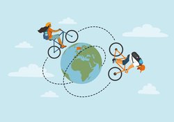 Zwei Radfahrende auf der Weltkugel beim Radeln für die Etappen. Quelle: OTM/Verena Brandt