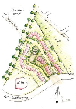 Leitplan: So könnte das Quartier ModellFlieger aussehen. Drei Reihen an Stadthäusern umgeben von Park und Kita und viel Grün. Zeichnung: Stadt Oldenburg