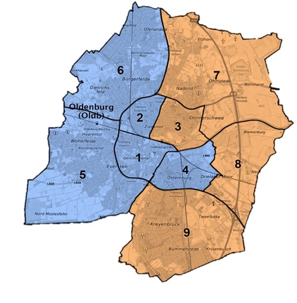 Die regionalen Bereiche Ost und West. Quelle: Stadt Oldenburg