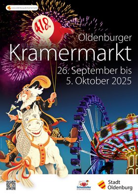Das Plakat vom 418. Oldenburger Kramermarkt. Reiter: Klaus Beilstein. Foto: Sascha Stüber. Gestaltung: Stockwerk2