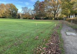 Blick auf den Baubereich auf der Dobbenwiese: Die Pflöcke für den Bau der Regenwasser-Sedimentationsanlage sind bereits gesetzt. Foto: Stadt Oldenburg