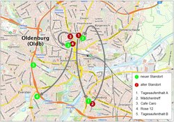 Stadtplan mit einer Übersicht zu den geplanten Verlagerungen von sozialen Einrichtungen innerhalb des Gesamtkonzeptes für die niedrigschwellige Wohnungslosen- und Suchthilfe in Oldenburg. Grafik: Stadt Oldenburg.  