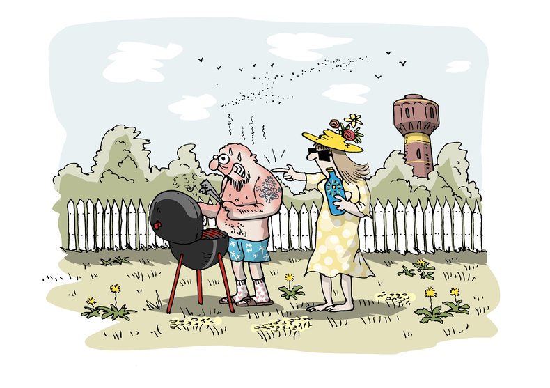 Eine Frau will ihren grillenden Mann mit Sonnencreme einschmieren. Illustration: Hannes Mercker