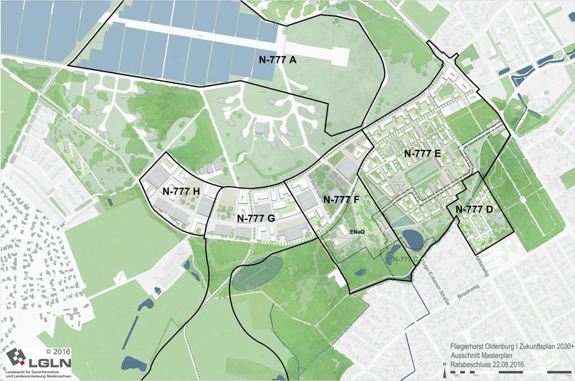 Masterplan Fliegerhorst mit Bebauungsplänen. Quelle: Machleidt/LGLN/Stadt Oldenburg Masterplan Fliegerhorst mit Bebauungsplänen. Quelle: Machleidt/LGLN/Stadt Oldenburg