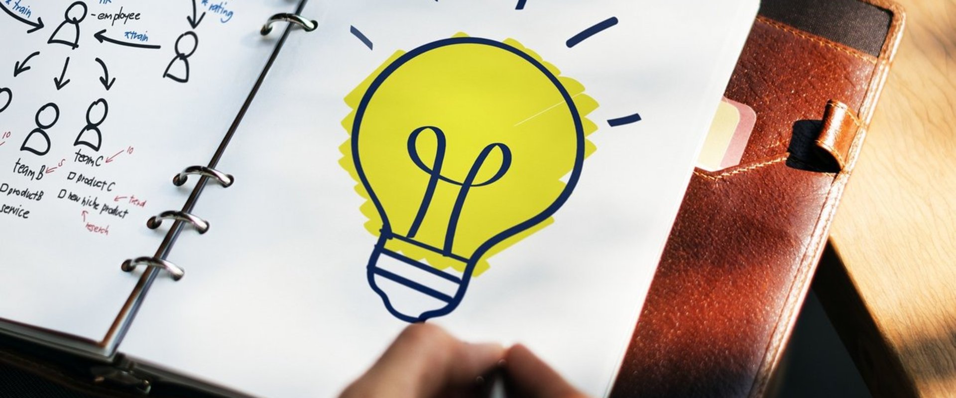 Hand, Notizbuch und Zeichnung einer Glühbirne. Foto: pixabay.com