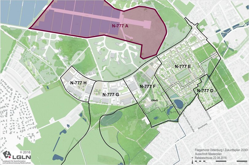 Masterplan Fliegerhorst mit markiertem Bebauungsplan N-777 A. Quelle: Machleidt/LGLN/Stadt Oldenburg Masterplan Fliegerhorst mit markiertem Bebauungsplan N-777 A. Quelle: Machleidt/LGLN/Stadt Oldenburg