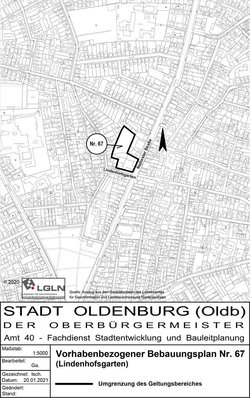 Geltungsbereich des vorhabenbezogenen Bebauungsplans Nummer 67 - Lindenhofsgarten. Bild: Stadt Oldenburg, Kartengrundlage: LGLN