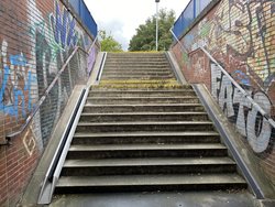 Treppe mit Schienensystem für Fahrräder, links Schiene mit Bürste und rechts Schiene mit schwarzer Beschichtung. Foto: Stadt Oldenburg