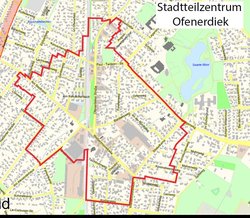 Umgrenzung des zu entwickelnden Stadtteilzentrums Ofenerdiek. Grafik: Stadt Oldenburg