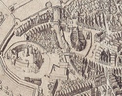 Blick auf Schloss, Schlossplatz, Lambertikirche und Umgebung. Ausschnitt aus dem Kupferstich von Pieter Bast, 1598. Quelle: Stadtmuseum