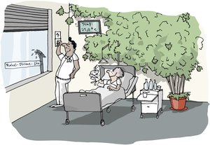 Krankenpfleger, Patientin und eine große Pflanze in einem Krankenhauszimmer. Illustration: Hannes Mercker