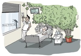Krankenpfleger, Patientin und eine große Pflanze in einem Krankenhauszimmer. Illustration: Hannes Mercker