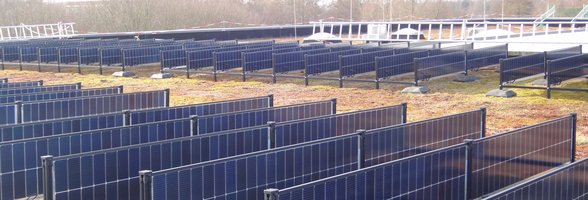 Aufgrund der vorhandenen Dachbegrünung war eine innovative Lösung gefragt: So stehen die einzelnen Module senkrecht und können auf zwei Seiten Sonnenlicht einfangen, um für eine größtmögliche Leistung zu sorgen. Foto: Stadt Oldenburg