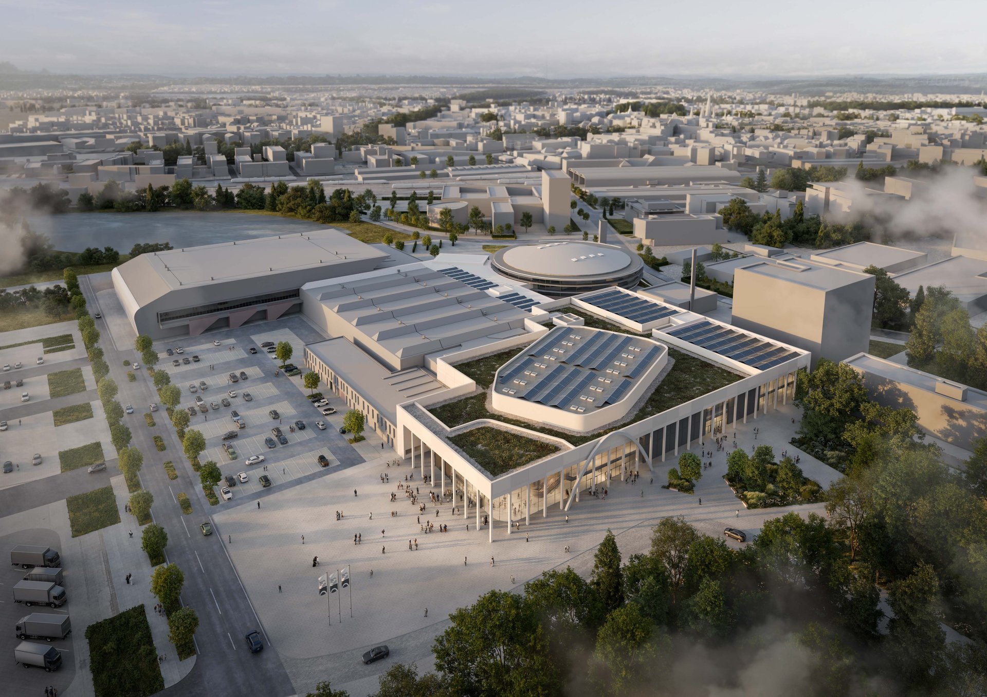 So fügen sich die Neubauten der Kongresshalle und der Festsäle in das Gesamtbild der Weser-Ems-Hallen ein. Visualisierung: MOKA Studio/gmp Architekten