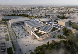 So fügen sich die Neubauten der Kongresshalle und der Festsäle in das Gesamtbild der Weser-Ems-Hallen ein. Visualisierung: moka-studio/gmp Architekten