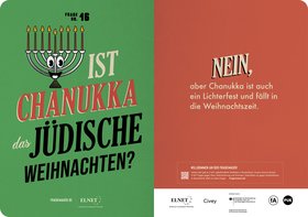 Chanukka gleich Weihnachten? Dies ist eins von neun Plakatmotiven, die ab sofort auch in Oldenburg auf die Kampagne „Fragemauer“ hinweisen und auf humorvolle Art über jüdisches Leben aufklären sollen. Quelle: ELNET Deutschland
