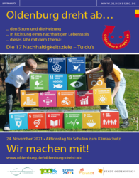 Plakat mit zwei Jugendlichen, die 17 Boxen mit Nachhaltigkeitszielen tragen; Quelle: Stadt Oldenburg