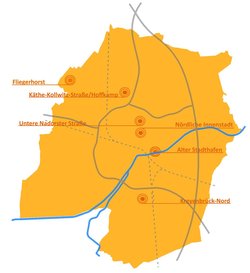 Grafik über die derzeit fünf laufenden Stadterneuerungsgebiete. Grafik: Stadt Oldenburg