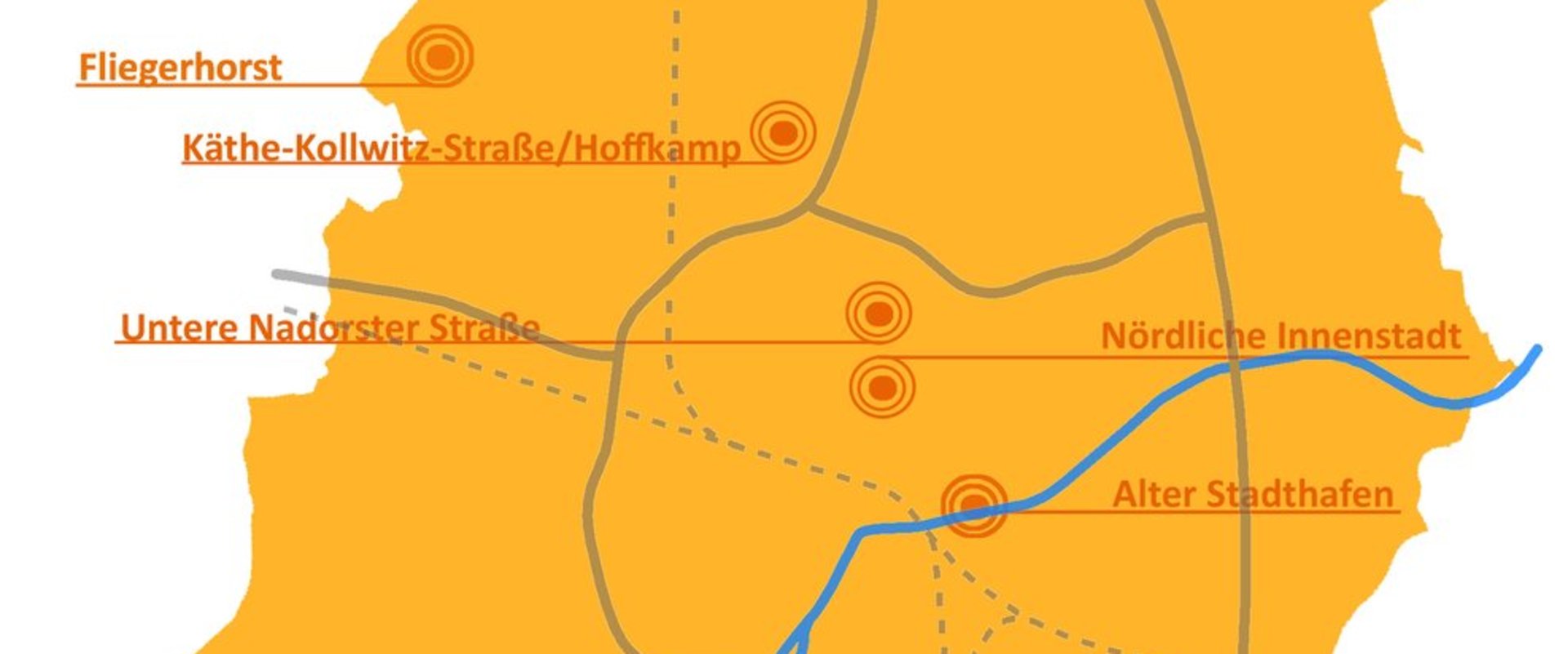 Grafik über die derzeit fünf laufenden Stadterneuerungsgebiete. Grafik: Stadt Oldenburg