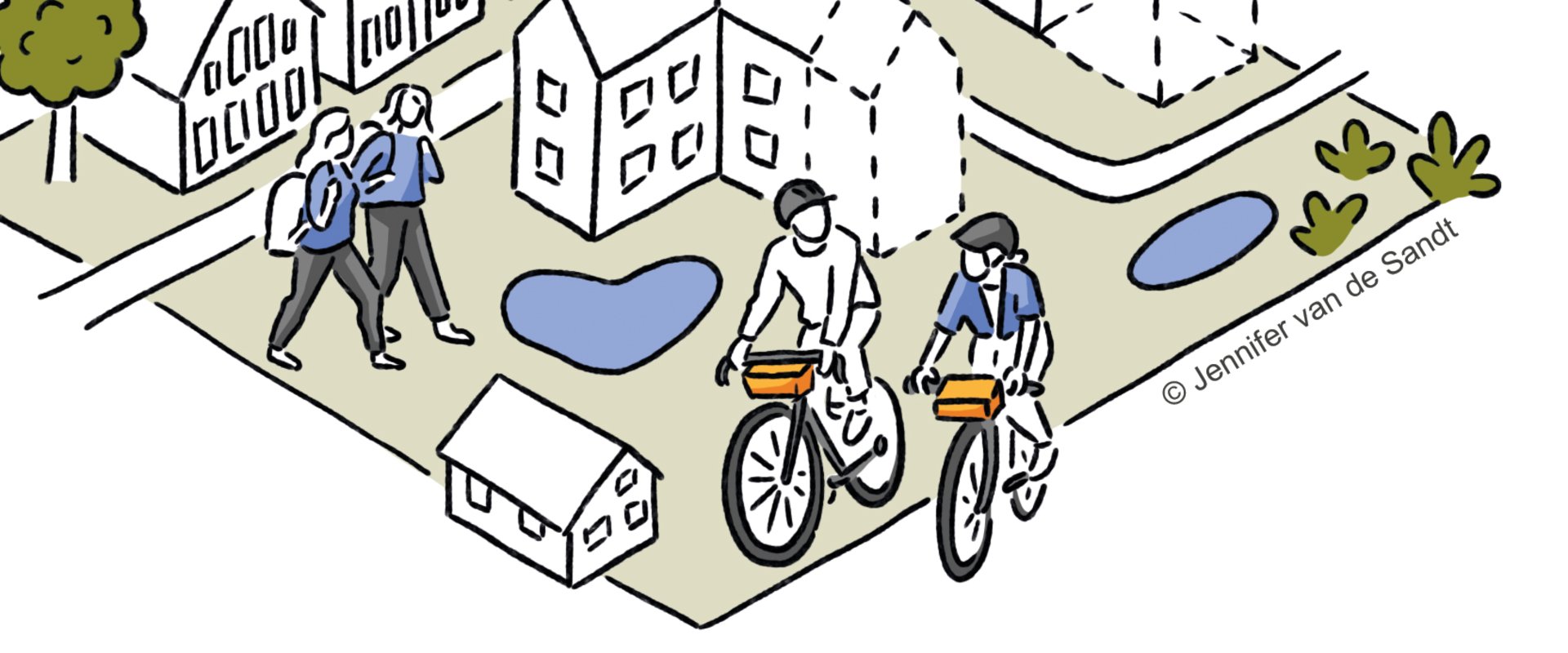 Illustration zum Thema Nachverdichtung mit unterschiedlichen Bildelementen. Illustration: Jennifer van de Sandt 