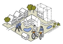 Illustration zum Thema Nachverdichtung mit unterschiedlichen Bildelementen. Illustration: Jennifer van de Sandt 