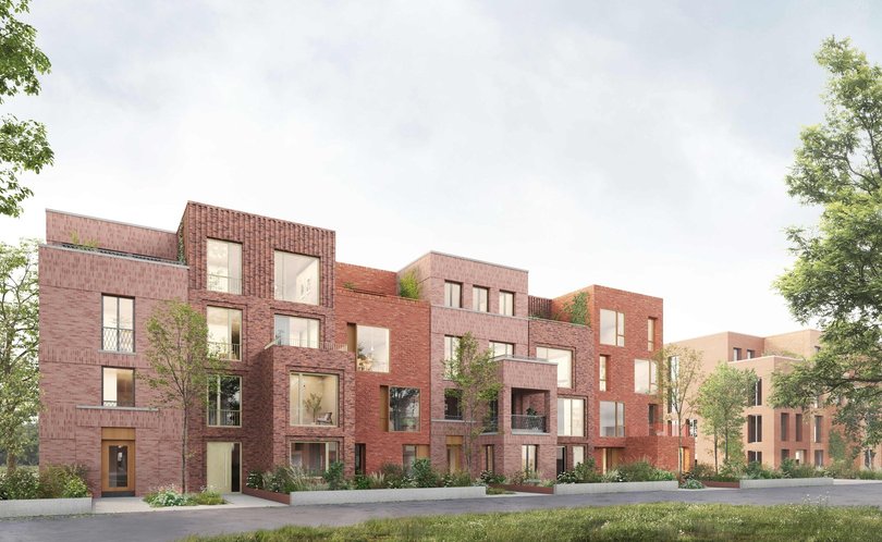 Perspektivische Darstellung der geplanten Reihenhäuser für Baugemeinschaften im Fliegerhorst-Quartier ModellFlieger. Grafik: Arbeitsgemeinschaft Architekturbüro Mudlaff & Otte, Studio Witt, MoRe Möhrle Reinhardt Architekten