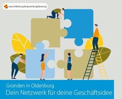 Titelseite des Gründungsflyers; vier Personen bauen ein überdimensionales Puzzle mit vier Teilen zusammen; Wirtschaftsförderung. Foto: Stroh Design/Stadt Oldenburg