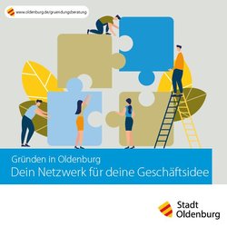 Titelseite des Gründungsflyers; vier Personen bauen ein überdimensionales Puzzle mit vier Teilen zusammen; Wirtschaftsförderung. Foto: Stroh Design/Stadt Oldenburg