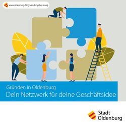 Titelseite des Gründungsflyers; vier Personen bauen ein überdimensionales Puzzle mit vier Teilen zusammen; Wirtschaftsförderung. Foto: Stroh Design/Stadt Oldenburg