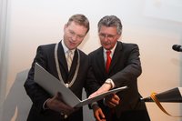 Groningen's Mayor Peter Rehwinkel and Oldenburg's Mayor Gerd Schwandner at the celebration. Picture: Henk Tammens