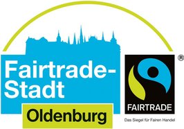 Logo Fairtrade-Stadt Oldenburg mit der Oldenburger Silhouette und dem Fairtrade-Logo in hellgrün und hellblau. Quelle: TransFair e. V.