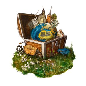 Logo der Klimaschätze-Tour; Holzkiste mit Weltkugel und Oldenburg-Motiven darauf. Grafik: Paul Wolf