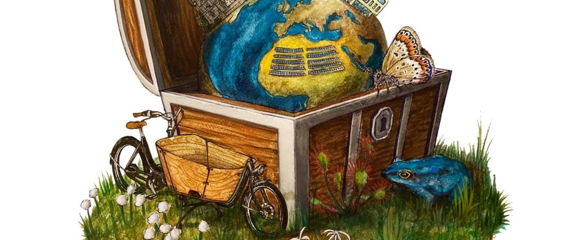Logo der Klimaschätze-Tour; Holzkiste mit Weltkugel und Oldenburg-Motiven darauf. Grafik: Paul Wolf