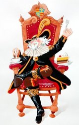Der Graf sitzt mit einer Tasse Kaffee und einem Stück Torte auf seinem Thron. Bild: Klaus Beilstein