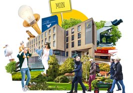 Collage zu „Moin in Oldenburg“. Abgebildet sind Motive aus der Image-Kurzfilmreihe der Fachkräfte-Initiative Oldenburg (FIO). Grafik: Superidee