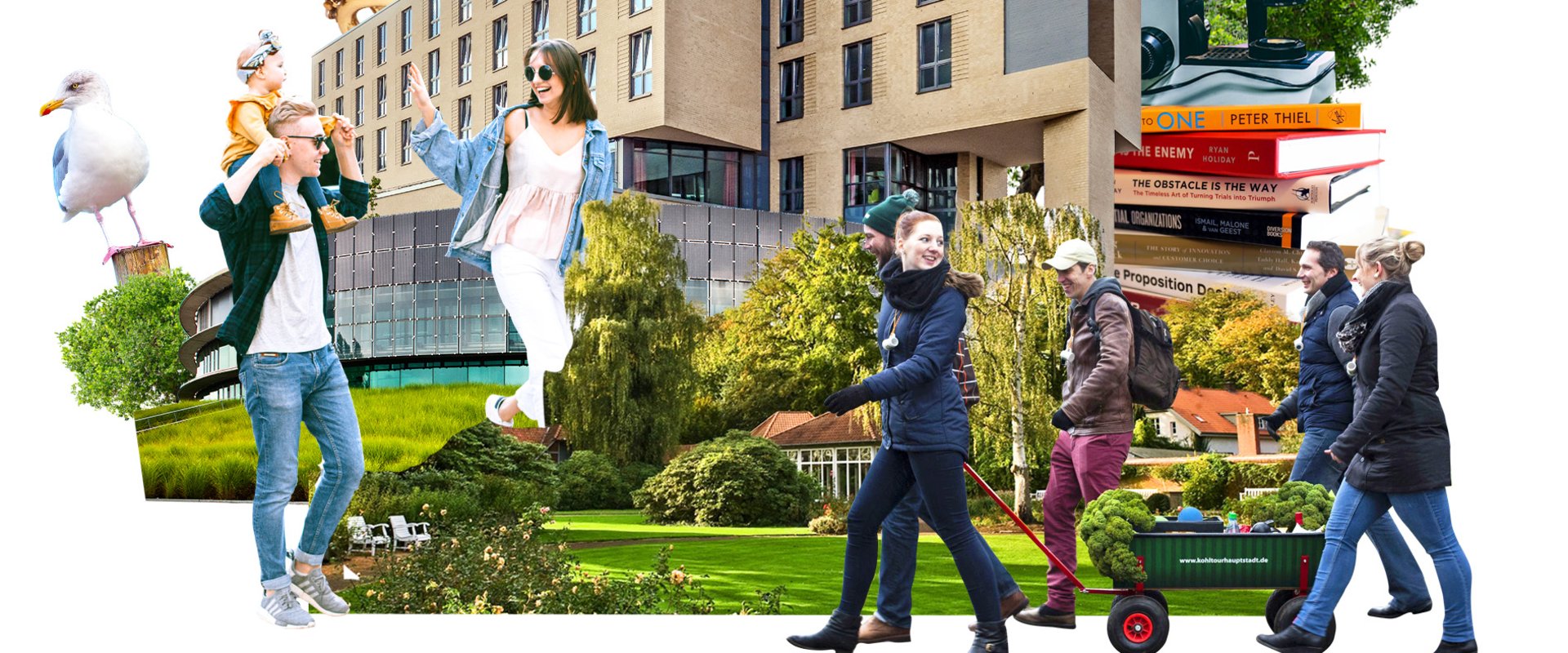 Collage zu „Moin in Oldenburg“. Abgebildet sind Motive aus der Image-Kurzfilmreihe der Fachkräfte-Initiative Oldenburg (FIO). Grafik: Superidee