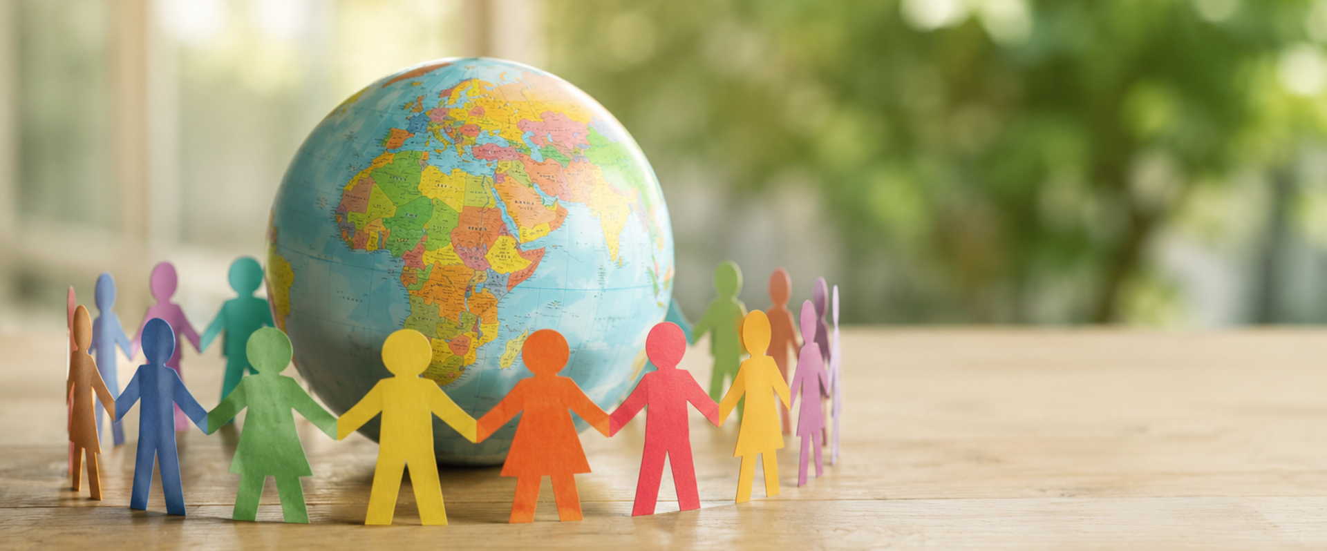 Ein Globus, umgeben von bunten Papierfiguren, symbolisiert Vielfalt, Zusammenhalt und Bildung im internationalen Kontext.