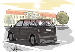 Auto vor dem Bürgerbüro. Eine Hundepfote durchbricht gerade die Heckscheibe. Illustration: Hannes Mercker