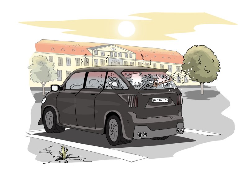 Auto vor dem Bürgerbüro. Eine Hundepfote durchbricht gerade die Heckscheibe. Illustration: Hannes Mercker