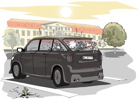 Auto vor dem Bürgerbüro. Eine Hundepfote durchbricht gerade die Heckscheibe. Illustration: Hannes Mercker