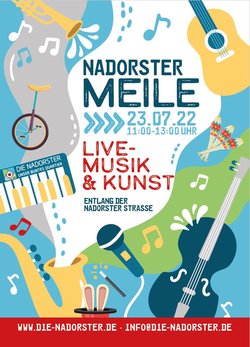 Plakat zur Veranstaltung Nadorster Meile am 23. Juli 2022. Plakat: Mangoblau