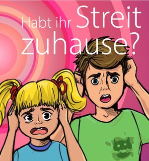 Titelbild des Flyers „Streit zuhause“: Zwei Kinder im Comic-Stil halten sich die Ohren zu und schauen ängstlich. Grafik: Stadt Oldenburg