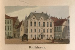 Das Gebäude des 1635 errichteten Oldenburger Rathauses, Detailansicht aus dem Blatt 'Erinnerung an Oldenburg', Farblithographie von F.J. Tempeltei nach Zeichnung von F.A. Borchel, um 1850. Quelle: Stadtmuseum