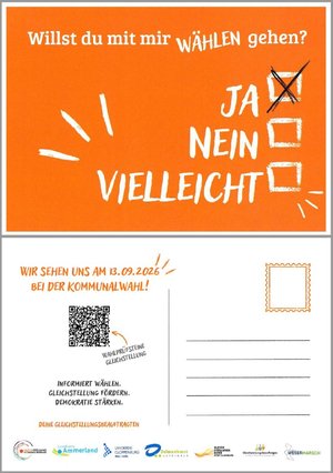 Postkarte in orange mit der Aufschrift „Willst du mit mir wählen gehen? Ja. Nein. Vielleicht.“ Grafik: Thomas Robbers Postkarte in orange mit der Aufschrift „Willst du mit mir wählen gehen? Ja. Nein. Vielleicht.“ Grafik: Thomas Robbers