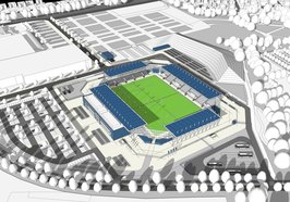 So könnte das neue Stadion an der Maastrichter Straße aussehen. Das Modell zeigt ein Basisstadion mit einer Kapazität von 7.500 Plätzen. Entwurf: AS + P
