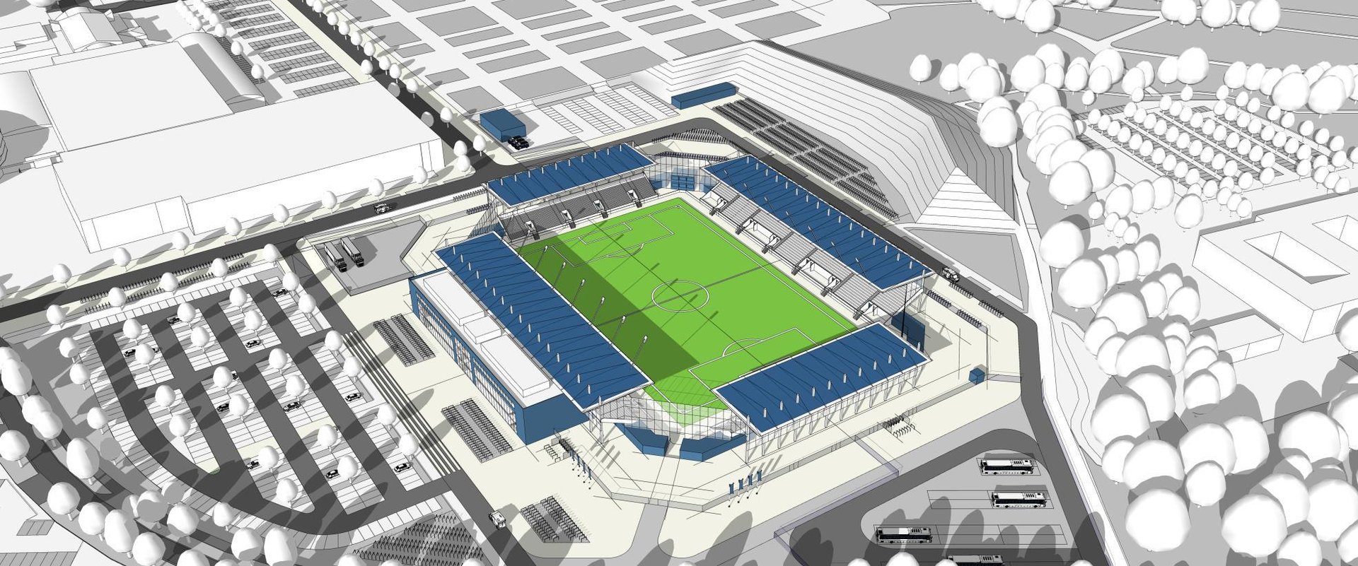 So könnte das neue Stadion an der Maastrichter Straße aussehen. Das Modell zeigt ein Basisstadion mit einer Kapazität von 7.500 Plätzen. Entwurf: AS + P