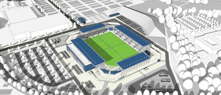 So könnte das neue Stadion an der Maastrichter Straße aussehen. Das Modell zeigt ein Basisstadion mit einer Kapazität von 7.500 Plätzen. Entwurf: AS + P