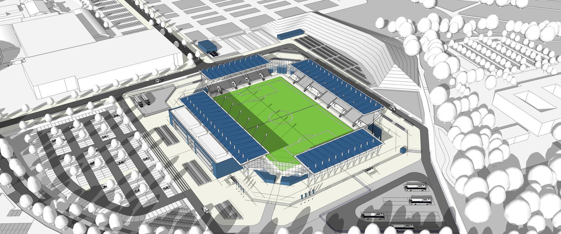 So könnte das neue Stadion an der Maastrichter Straße aussehen. Das Modell zeigt ein Basisstadion mit einer Kapazität von 7.500 Plätzen. Entwurf: AS + P