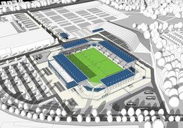 So könnte das neue Stadion an der Maastrichter Straße aussehen. Das Modell zeigt ein Basisstadion mit einer Kapazität von 7.500 Plätzen. Entwurf: AS + P